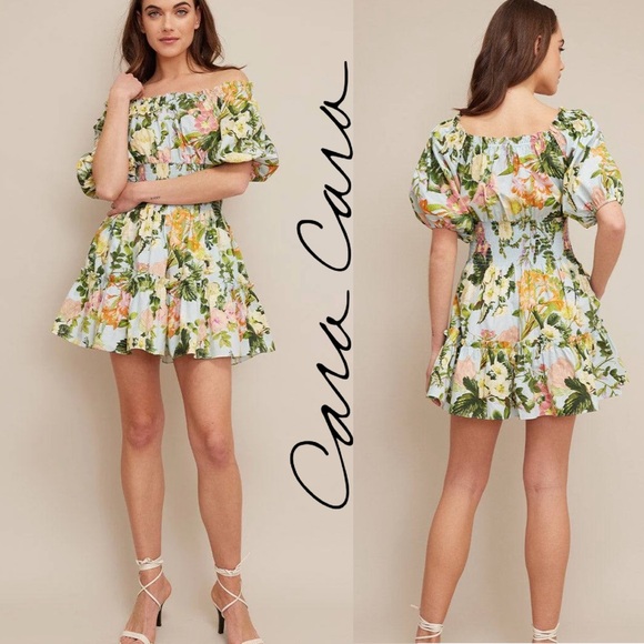 Cara Cara Sally Babydoll Mini Tiered Dress Light Blue Kingston Floral Sz Medium